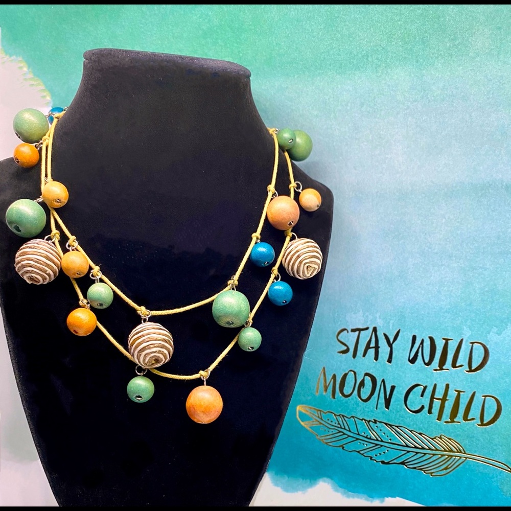 Artisan Necklace of Colorful Wooden Beads & Twine